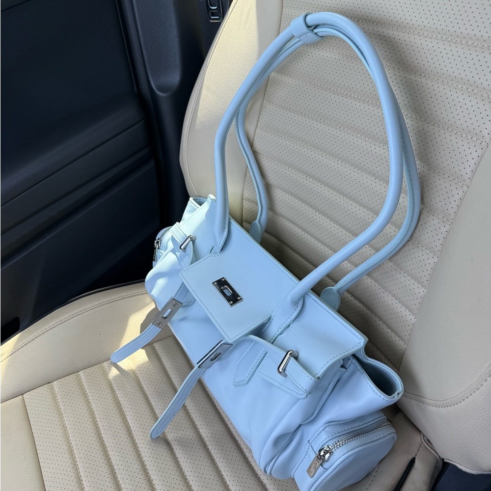 Light Blue Leather Shoulder Bag - Elegant Everyday Baguette Bag